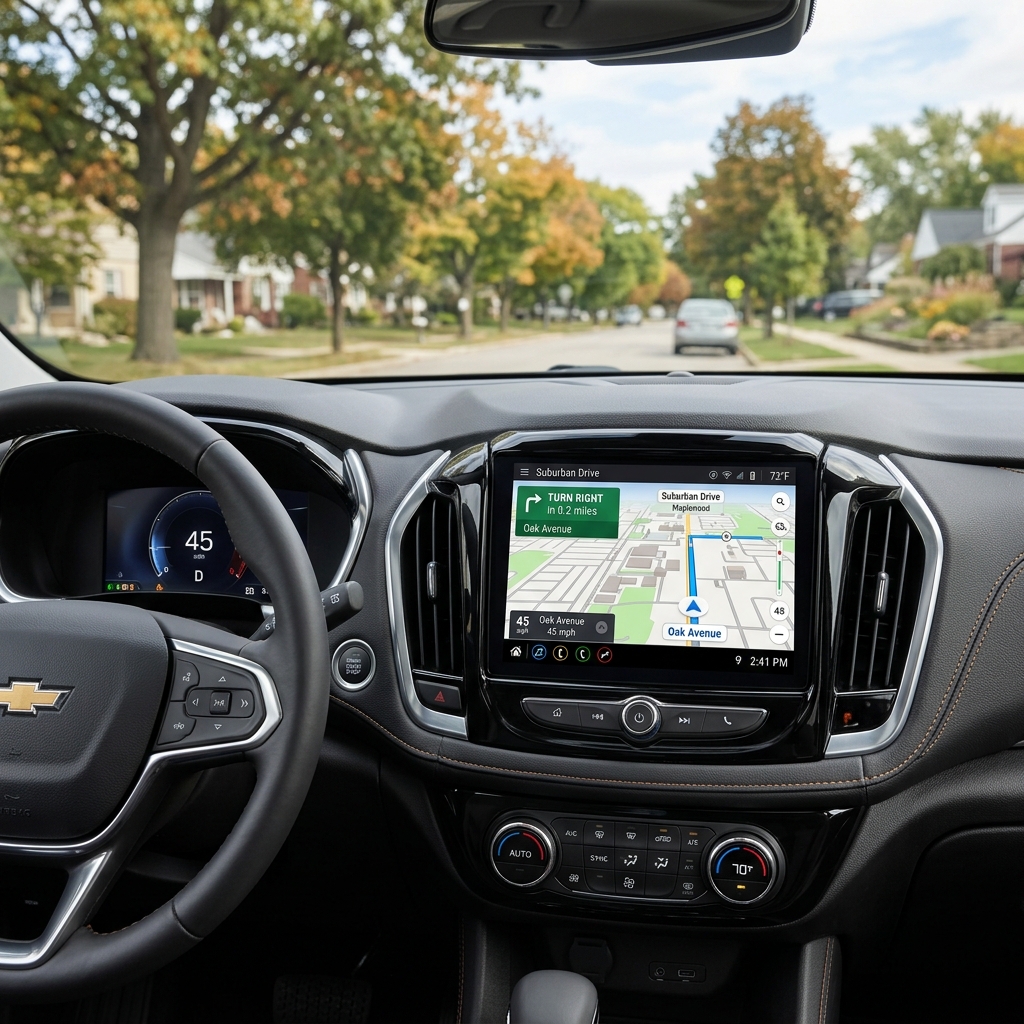 Interior view of a Chevrolet dashboard showing a digital speedometer at 45 mph and a GPS navigation screen. (Representative image for illustration purposes only. Actual vehicle may vary based on trim and configuration.)