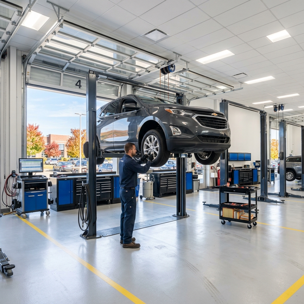 A mechanic inspects a gray Chevrolet SUV elevated on a vehicle lift in a modern auto service garage. (Representative image for illustration purposes only. Actual vehicle may vary based on trim and configuration.)