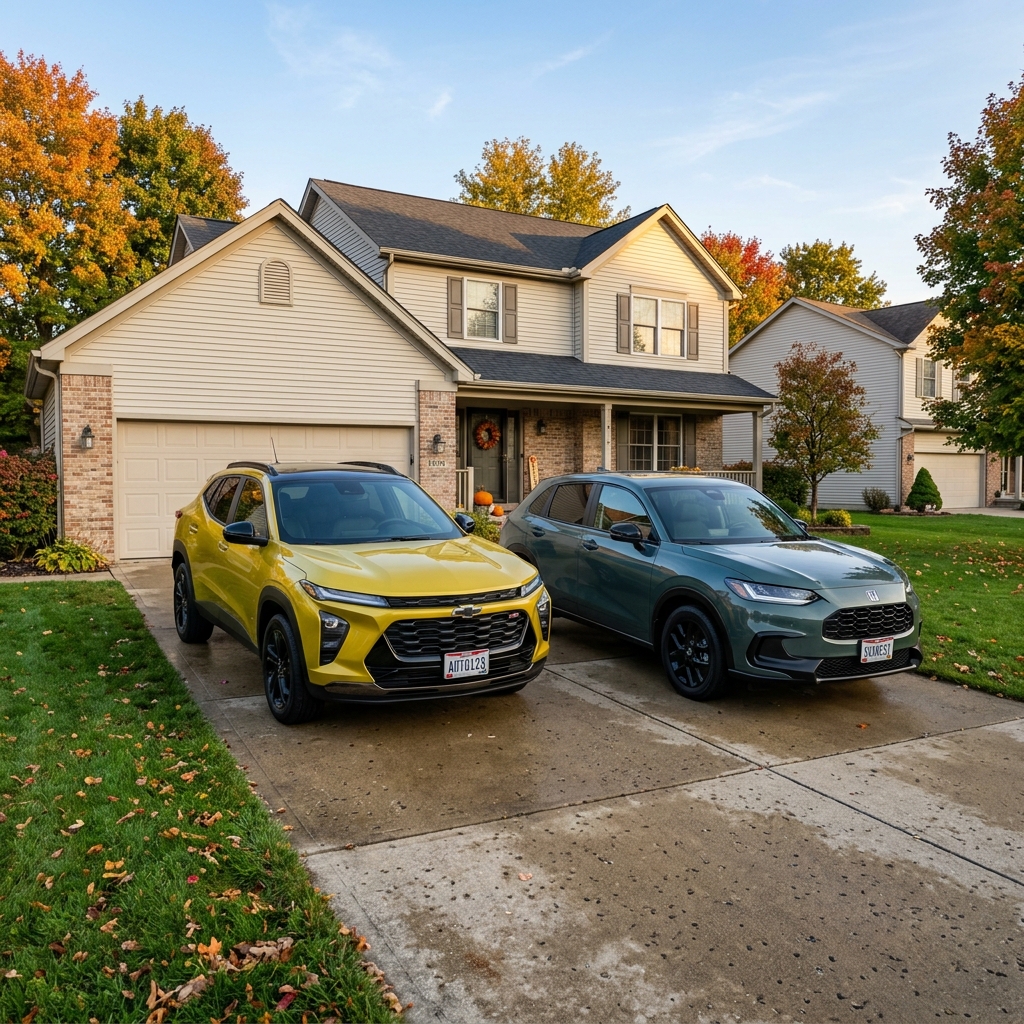 Yellow Chevrolet Trax and green Honda HR-V parked side-by-side in a suburban driveway during autumn. (Representative image for illustration purposes only. Actual vehicle may vary based on trim and configuration.)