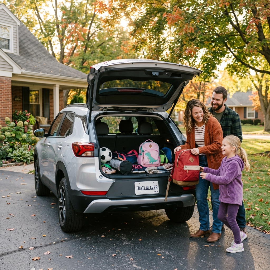 A family packs school backpacks and sports gear into the open trunk of a silver Chevrolet Trailblazer. (Representative image for illustration purposes only. Actual vehicle may vary based on trim and configuration.)