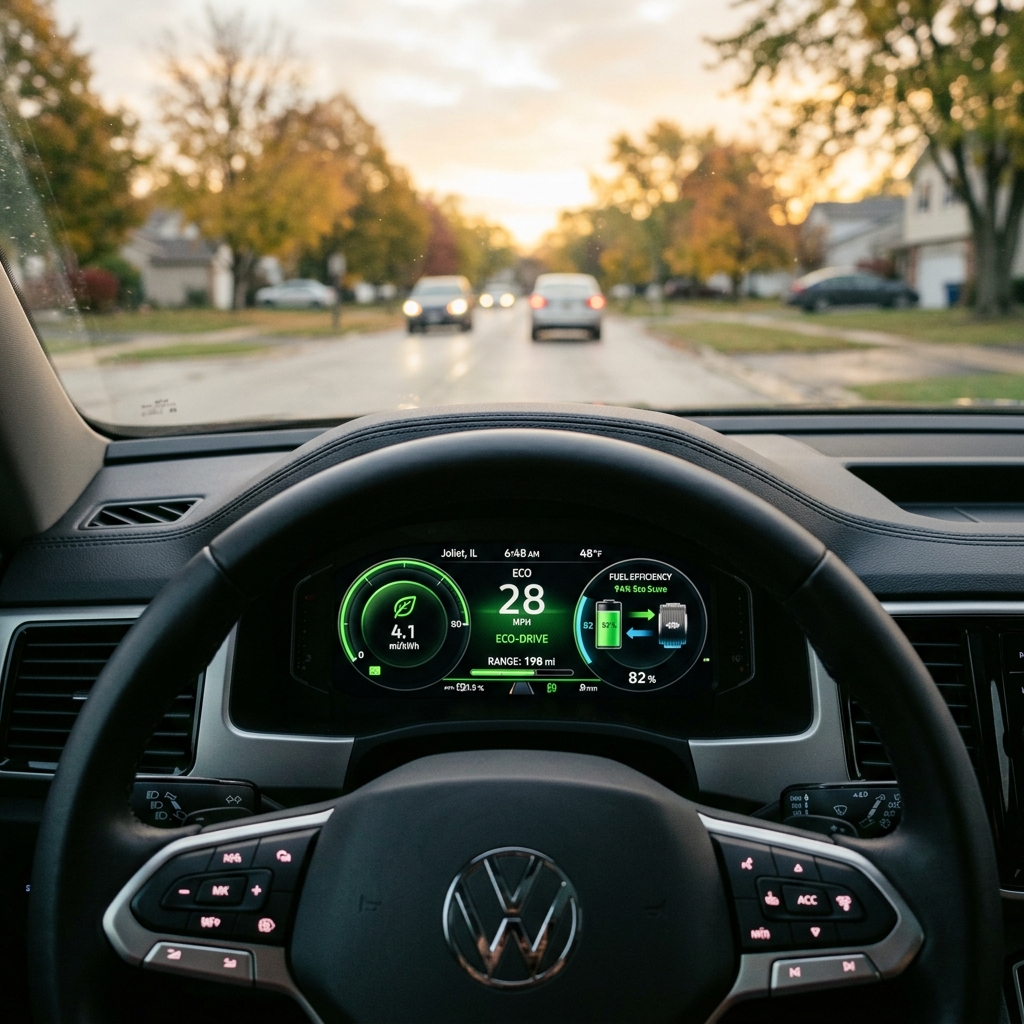 Driver's perspective inside a Volkswagen electric car driving down a suburban street with digital dashboard visible. (Representative image for illustration purposes only. Actual vehicle may vary based on trim and configuration.)