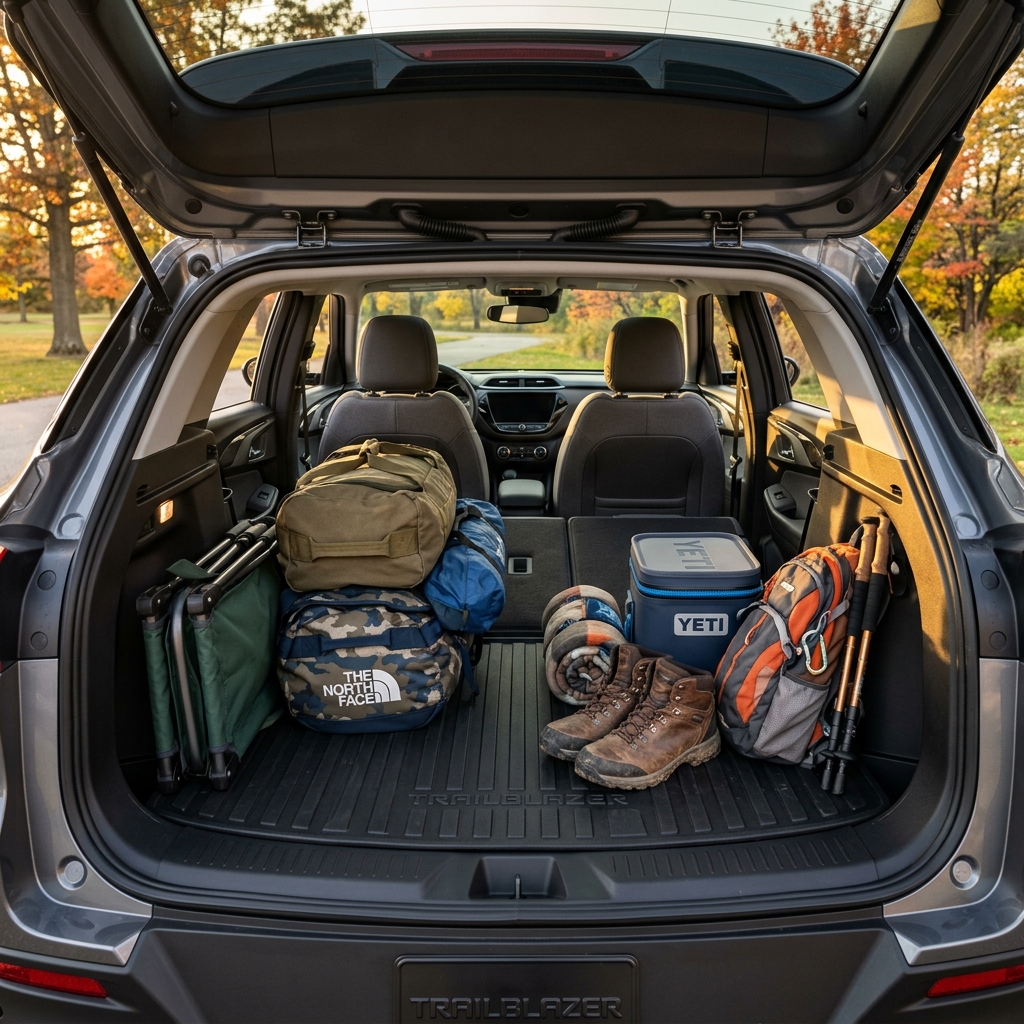 Open trunk of a Chevrolet Trailblazer packed with hiking boots, a Yeti cooler, duffel bags, and camping gear. (Representative image for illustration purposes only. Actual vehicle may vary based on trim and configuration.)