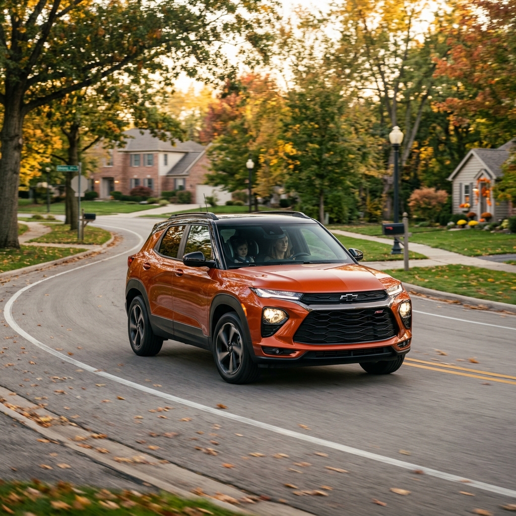 Orange Chevrolet Trailblazer SUV driving down a winding suburban street lined with autumn trees. (Representative image for illustration purposes only. Actual vehicle may vary based on trim and configuration.)
