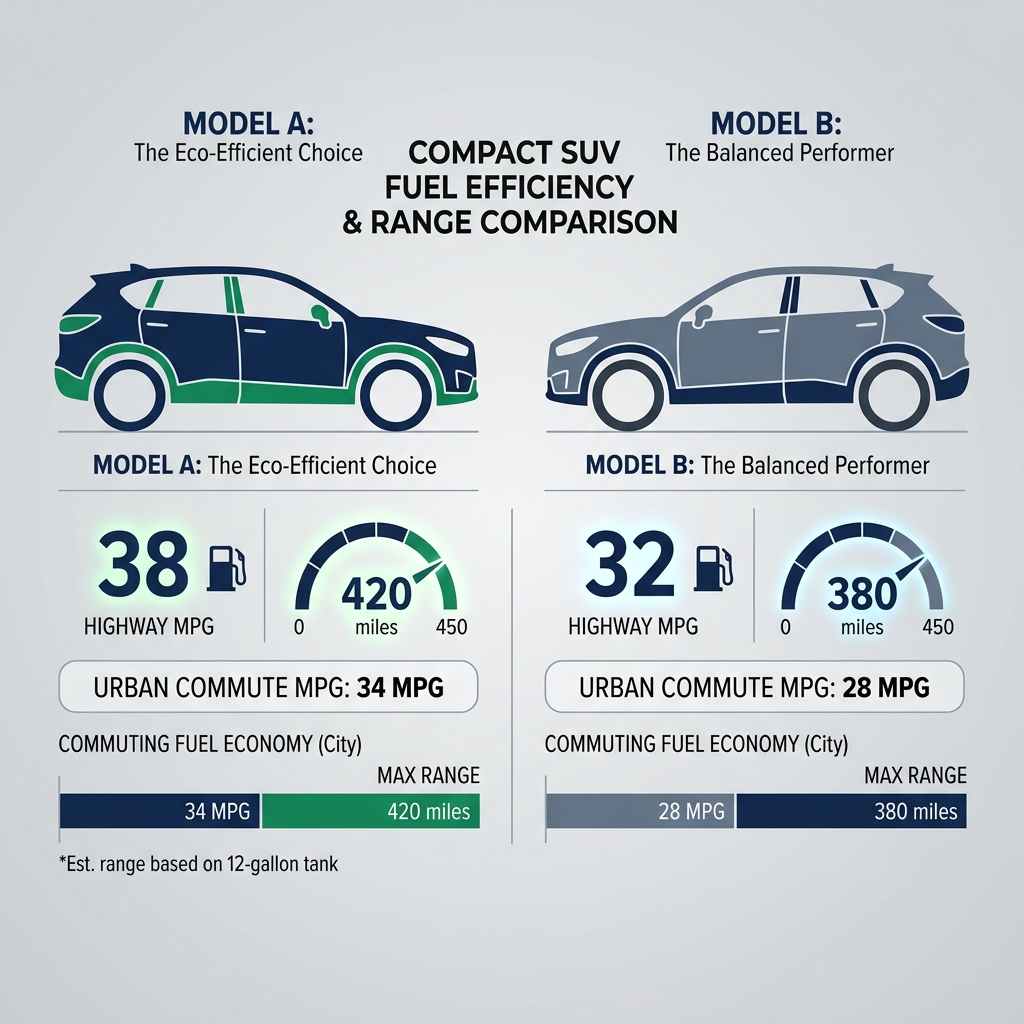 Infographic comparing fuel efficiency and driving range between Model A and Model B compact SUVs. (Representative image for illustration purposes only. Actual vehicle may vary based on trim and configuration.)