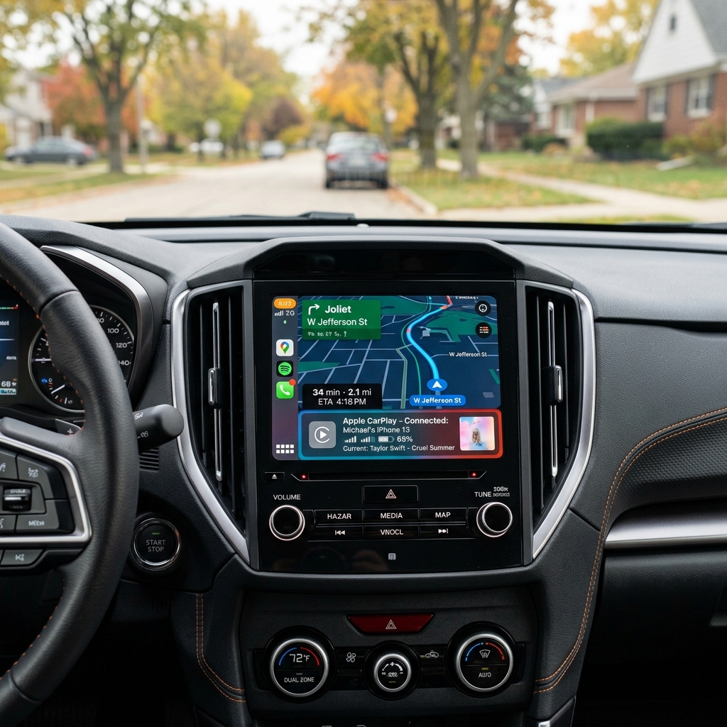Dashboard view from inside a car showing Apple CarPlay navigation on the center infotainment touchscreen. (Representative image for illustration purposes only. Actual vehicle may vary based on trim and configuration.)