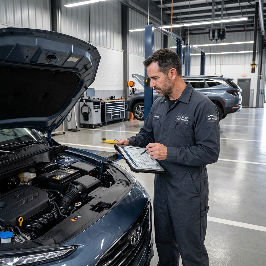 Mechanic in coveralls using a digital tablet to inspect an open car engine in a modern service bay. (Representative image for illustration purposes only. Actual vehicle may vary based on trim and configuration.)