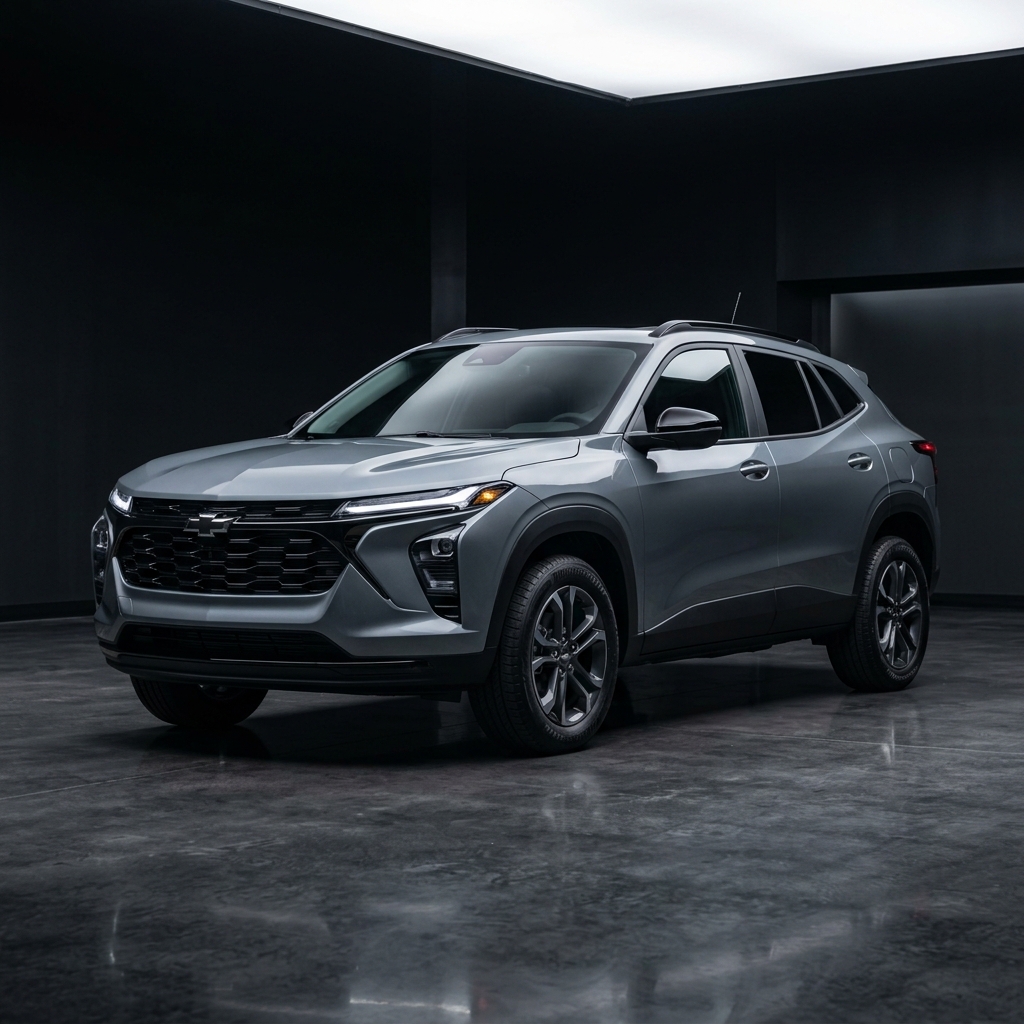 Silver Chevrolet compact SUV parked in a dark studio setting with overhead lighting. (Representative image for illustration purposes only. Actual vehicle may vary based on trim and configuration.)