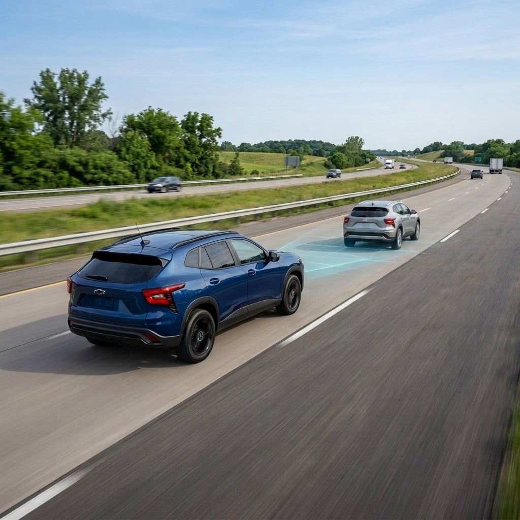 A modern 2026 Chevrolet Trax compact crossover in a deep metallic blue exterior finish drives smoothly along a multi-lane suburban interstate highway on a clear summer day. Conceptual light-blue translucent radar graphics emit subtly from the front bumper, projecting a soft distance-grid visualization onto the highway lane ahead to illustrate the Adaptive Cruise Control feature. Captured in a dynamic three-quarter tracking wide shot, the camera frames the vehicle navigating realistic flat Midwest highway terrain lined with green roadside foliage under soft natural daylight. The composition features strong leading lines from the roadway pavement, conveying dynamic commuter travel with no text, numbers, or logos visible. (Representative image for illustration purposes only. Actual vehicle may vary based on trim and configuration.)