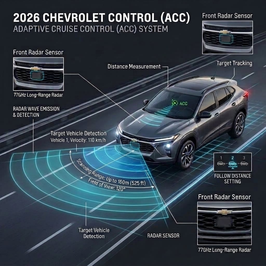 A crisp technical infographic diagram highlighting the Adaptive Cruise Control system on a 2026 Chevrolet Trax. The front dynamic three-quarter view of the vehicle is depicted in a clean, modern 3D render style against a dark charcoal background with subtle grid lines. Translucent cyan and bright blue radar waves emanate forward from a highlighted sensor module tucked neatly behind the lower front bumper fascia. Precision graphic callouts with clean thin lines point to the bumper radar emitter, accompanied by legible text labels reading 'Radar Sensor' and 'Vehicle Detection Zone'. Smooth glowing graphic arcs illustrate the forward scanning range along a stylized two-lane highway grid, clearly explaining the radar technology in a sophisticated, easy-to-read educational format. (Representative image for illustration purposes only. Actual vehicle may vary based on trim and configuration.)