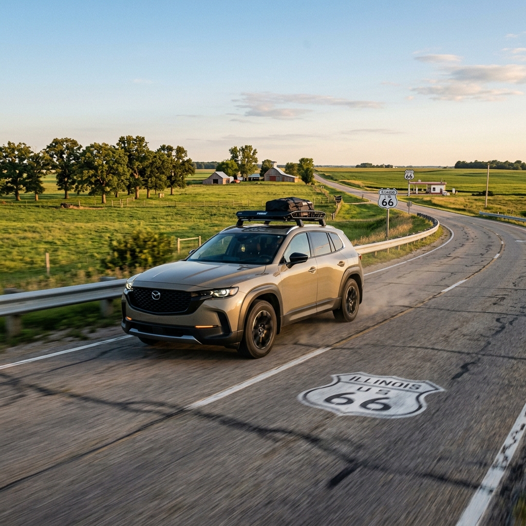 A tan Mazda SUV with a roof rack drives along a curved road marked with an Illinois US Route 66 emblem. (Representative image for illustration purposes only. Actual vehicle may vary based on trim and configuration.)