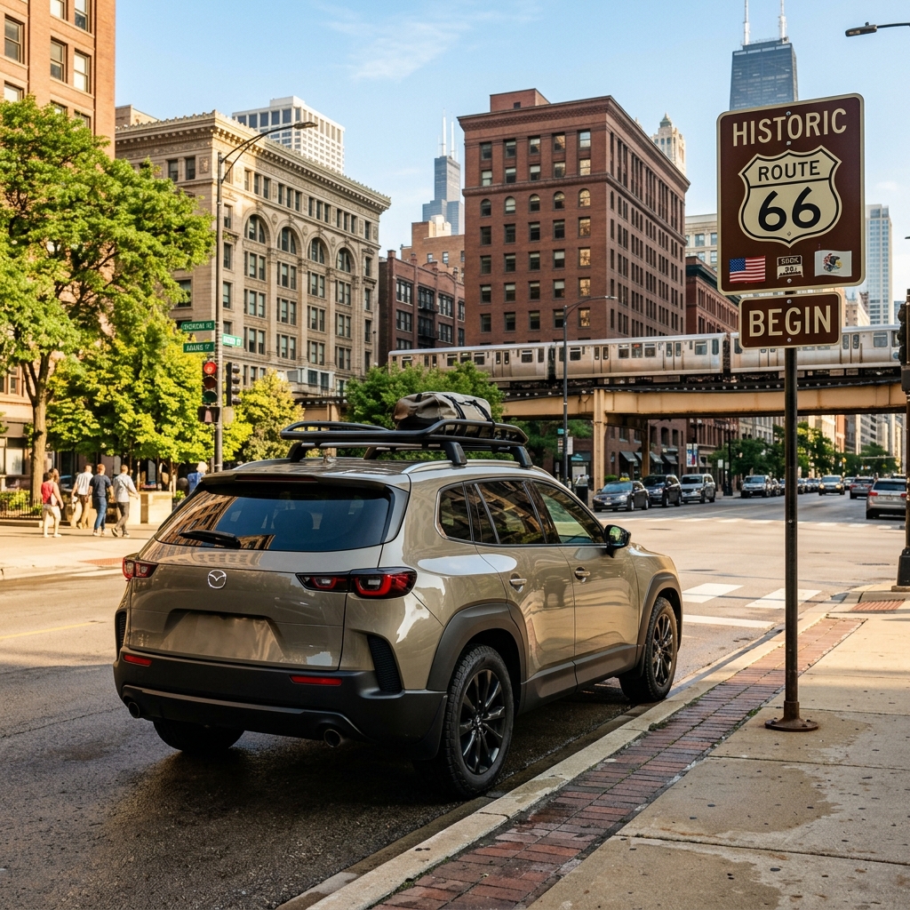 A tan Mazda CX-50 parked on a Chicago street next to a Historic Route 66 Begin sign with the cityscape in the background. (Representative image for illustration purposes only. Actual vehicle may vary based on trim and configuration.)