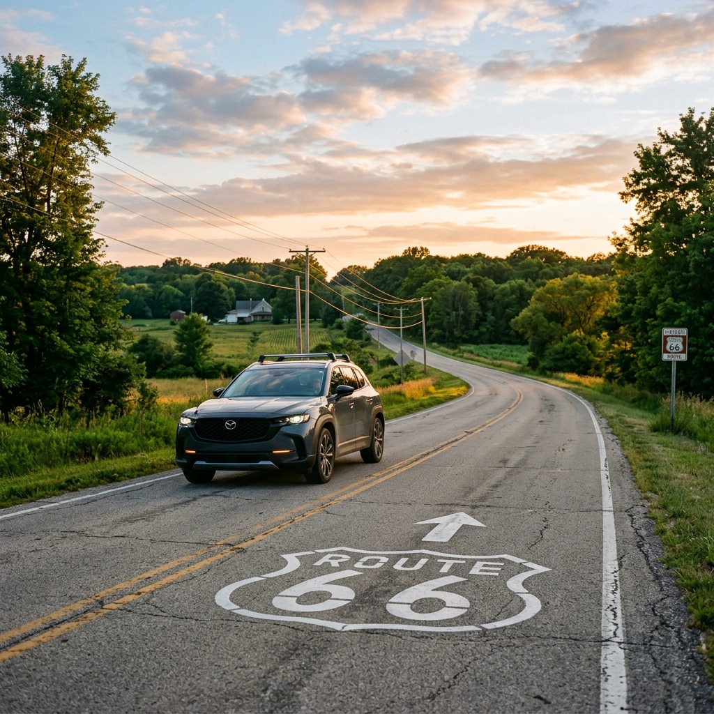 Dark grey SUV driving on a country road with a painted Route 66 emblem on the asphalt during sunset. (Representative image for illustration purposes only. Actual vehicle may vary based on trim and configuration.)