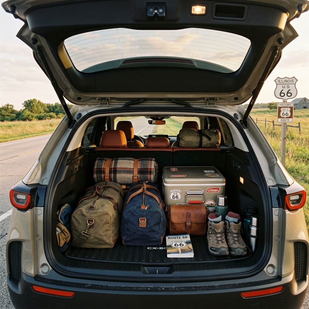 Packed trunk of an SUV on a Route 66 road trip with duffel bags, boots, cooler, and a plaid blanket. (Representative image for illustration purposes only. Actual vehicle may vary based on trim and configuration.)
