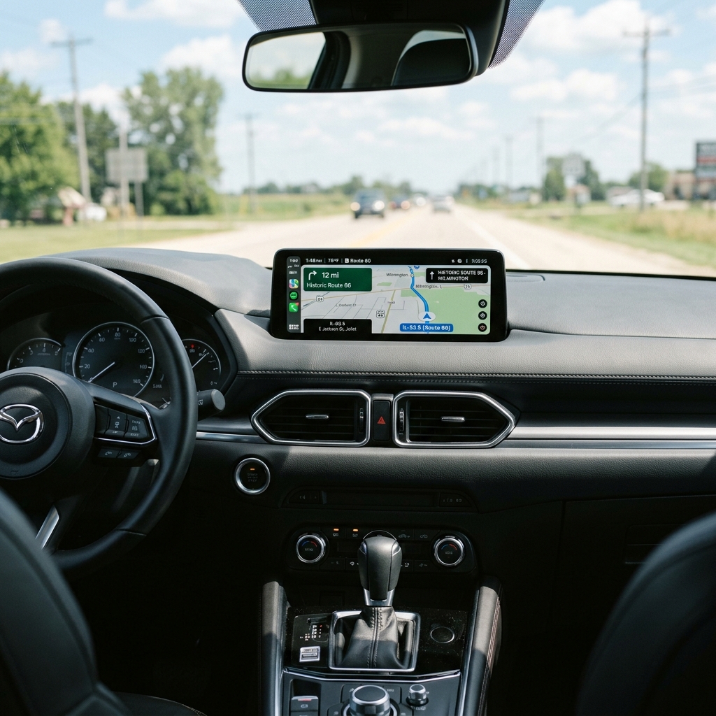 Driver's perspective inside a Mazda dashboard displaying GPS navigation on a central screen while driving down a highway. (Representative image for illustration purposes only. Actual vehicle may vary based on trim and configuration.)