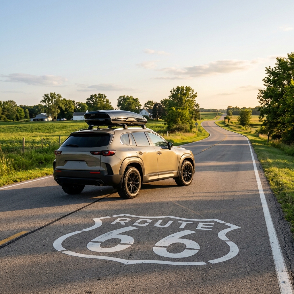 Beige crossover SUV with a roof cargo box stopped on a two-lane road over a painted Route 66 highway shield emblem. (Representative image for illustration purposes only. Actual vehicle may vary based on trim and configuration.)