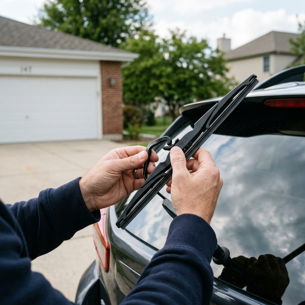 Close-up of hands attaching a new black wiper blade to the rear window wiper arm of a car outdoors. (Representative image for illustration purposes only. Actual vehicle may vary based on trim and configuration.)