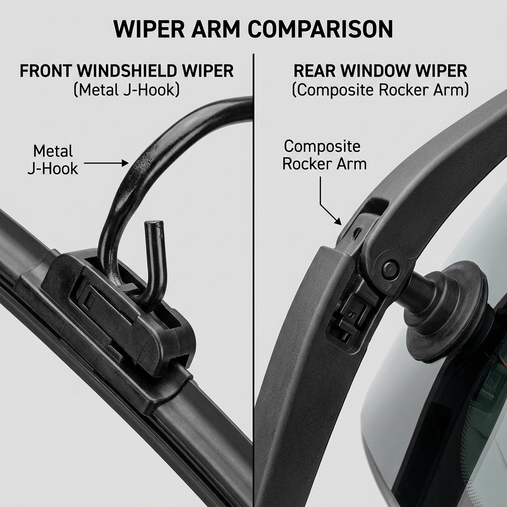 Comparison of a front windshield wiper metal J-hook and a rear window wiper composite rocker arm. (Representative image for illustration purposes only. Actual vehicle may vary based on trim and configuration.)
