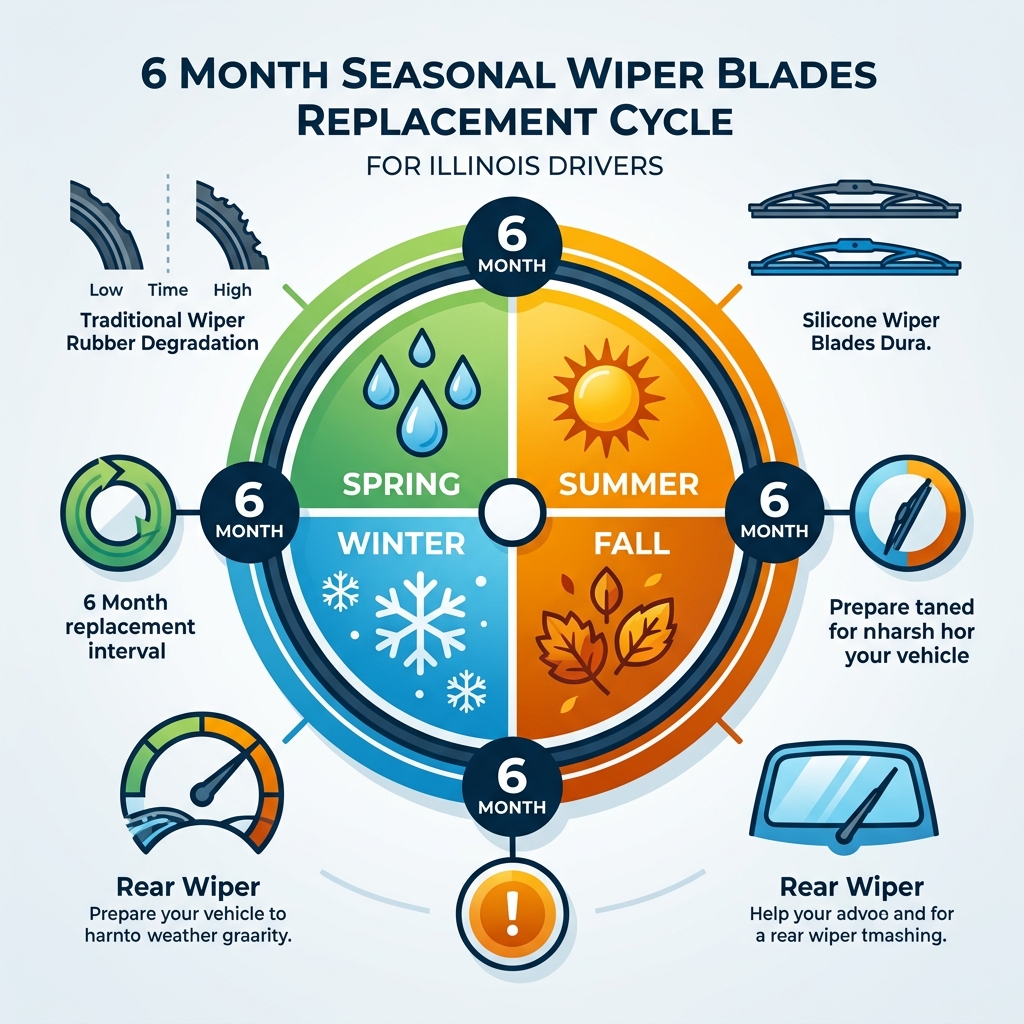 Infographic showing a 6-month seasonal wiper blade replacement cycle divided into spring, summer, fall, and winter. (Representative image for illustration purposes only. Actual vehicle may vary based on trim and configuration.)