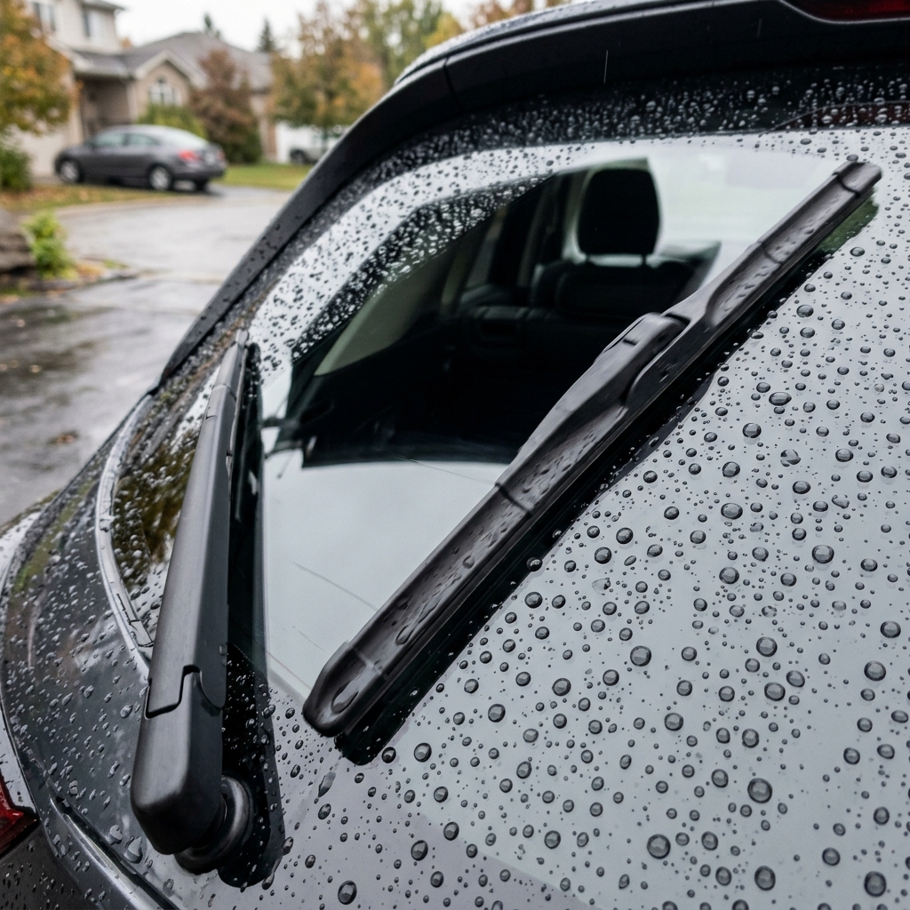 Raindrops cover the rear windshield of a dark car featuring a rear wiper blade on a wet day. (Representative image for illustration purposes only. Actual vehicle may vary based on trim and configuration.)