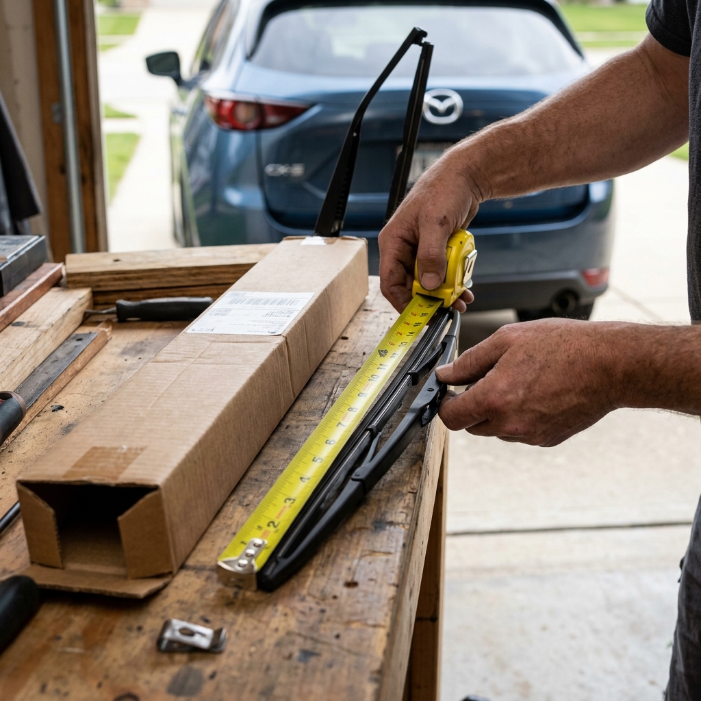 A man measuring a black windshield wiper blade with a yellow tape measure on a wooden workbench in a garage. (Representative image for illustration purposes only. Actual vehicle may vary based on trim and configuration.)