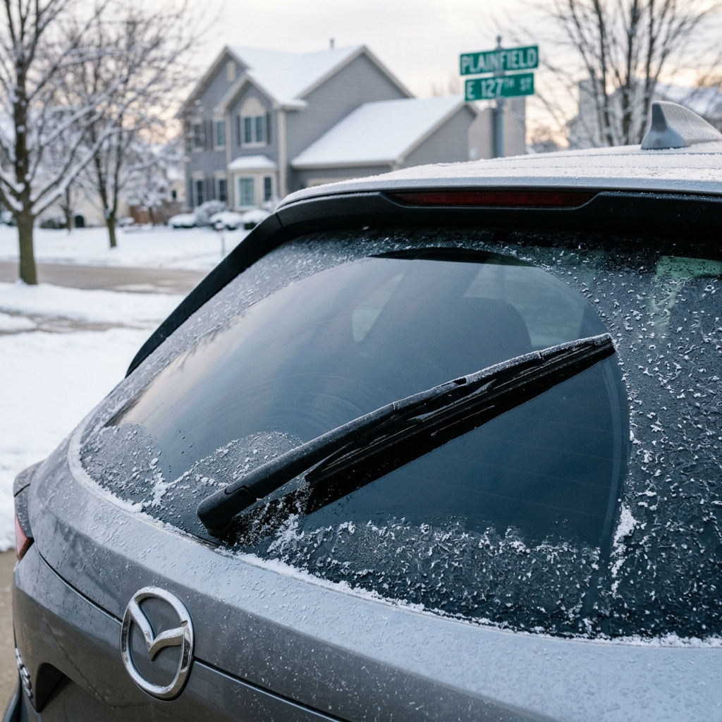Frost and ice cover the rear windshield and wiper blade of a silver Mazda parked in a snowy neighborhood. (Representative image for illustration purposes only. Actual vehicle may vary based on trim and configuration.)