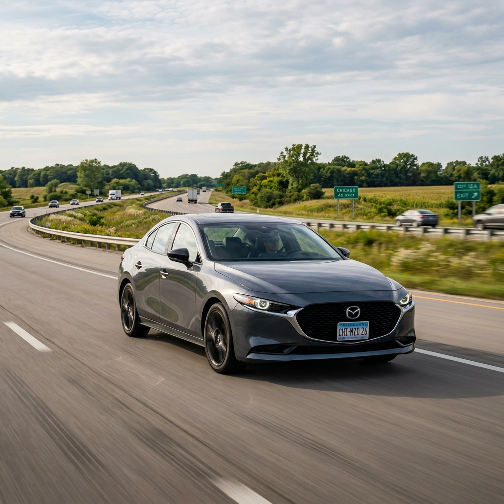 A dark grey Mazda 3 sedan cruising along a sunny highway surrounded by green fields. (Representative image for illustration purposes only. Actual vehicle may vary based on trim and configuration.)