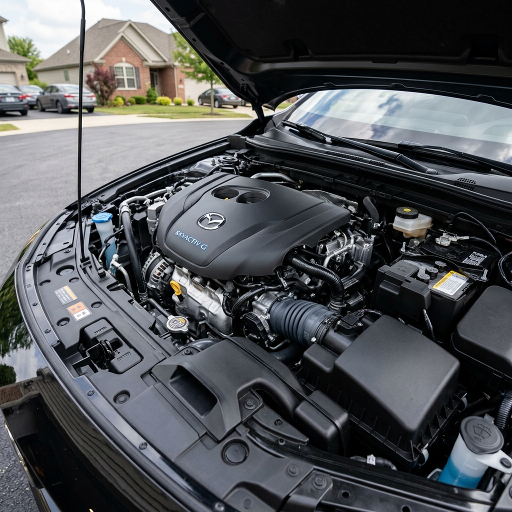 Open hood of a black Mazda vehicle showing a clean Skyactiv-G engine bay in a suburban neighborhood. (Representative image for illustration purposes only. Actual vehicle may vary based on trim and configuration.)