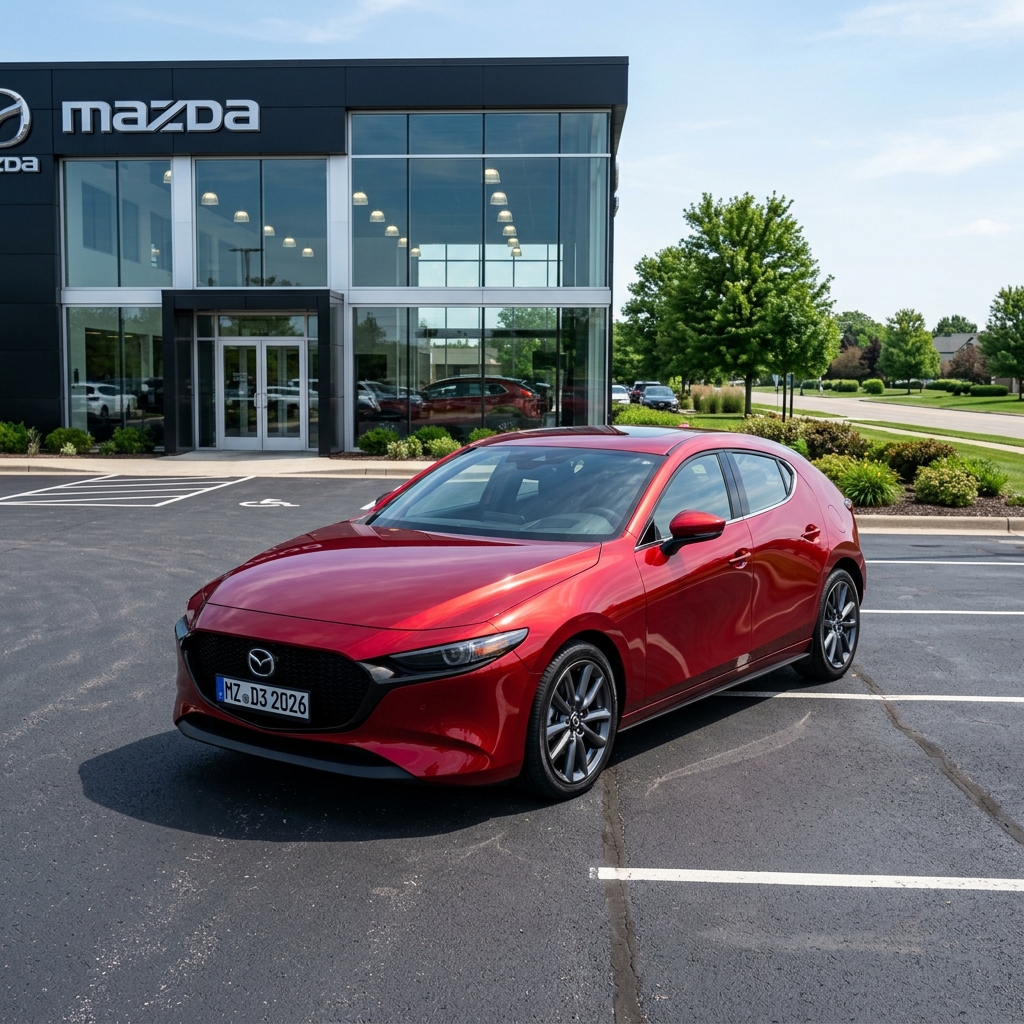 Red Mazda 3 hatchback parked in the parking lot of a modern Mazda dealership on a clear day. (Representative image for illustration purposes only. Actual vehicle may vary based on trim and configuration.)