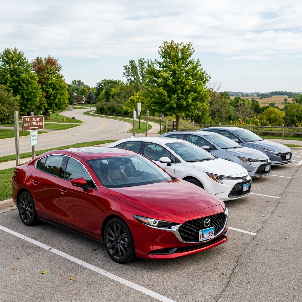Red Mazda sedan parked alongside white and silver sedans at a park overlook with a winding road behind them. (Representative image for illustration purposes only. Actual vehicle may vary based on trim and configuration.)