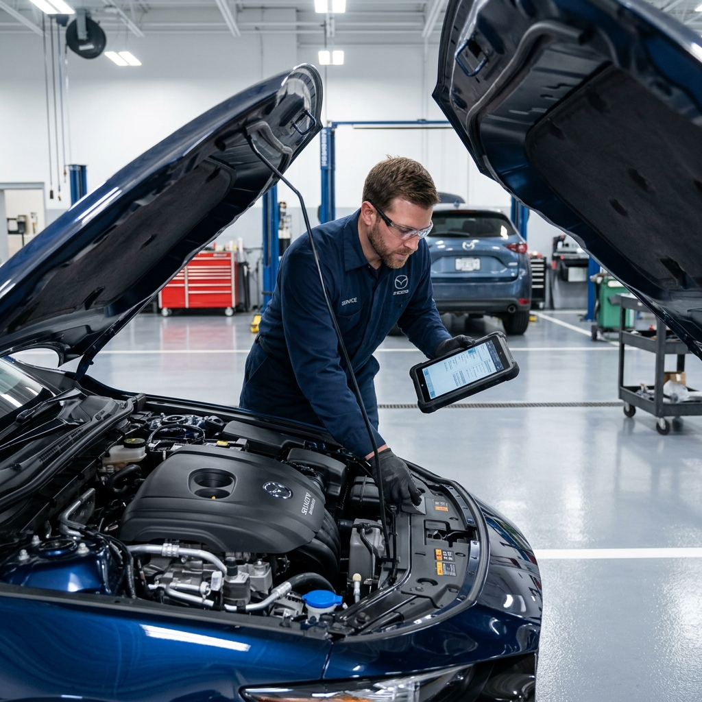 Car mechanic holding a diagnostic tablet while inspecting a blue car's engine bay inside a service shop. (Representative image for illustration purposes only. Actual vehicle may vary based on trim and configuration.)