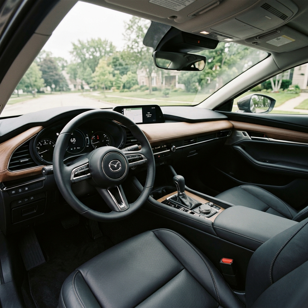 Interior driver view of a modern Mazda car with black leather seats, brown dashboard trim, and digital display. (Representative image for illustration purposes only. Actual vehicle may vary based on trim and configuration.)