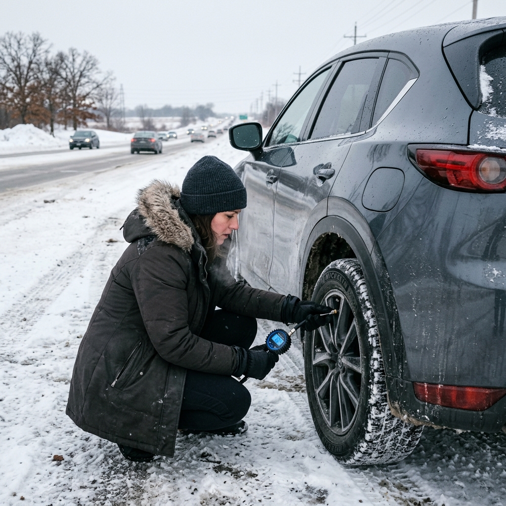 Woman crouching in the snow to check a car tire's air pressure with a digital gauge on a cold winter day. (Representative image for illustration purposes only. Actual vehicle may vary based on trim and configuration.)