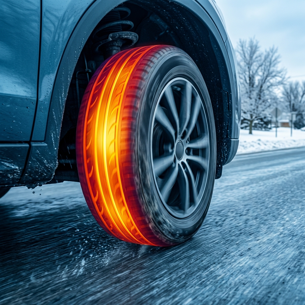 A car tire with glowing red and yellow heated tread driving on an icy winter road. (Representative image for illustration purposes only. Actual vehicle may vary based on trim and configuration.)