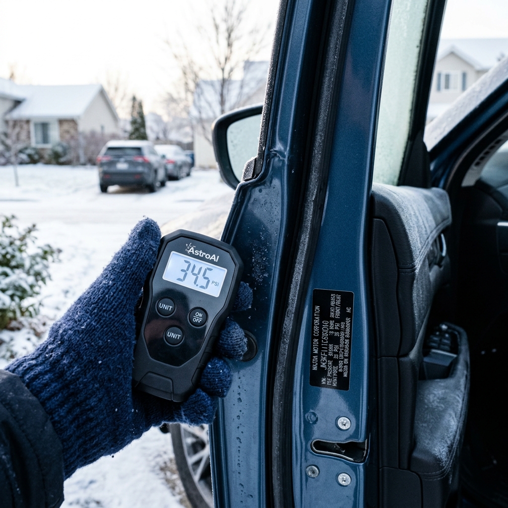 Digital tire pressure gauge displaying 34.5 PSI held near an open car door on a snowy day. (Representative image for illustration purposes only. Actual vehicle may vary based on trim and configuration.)