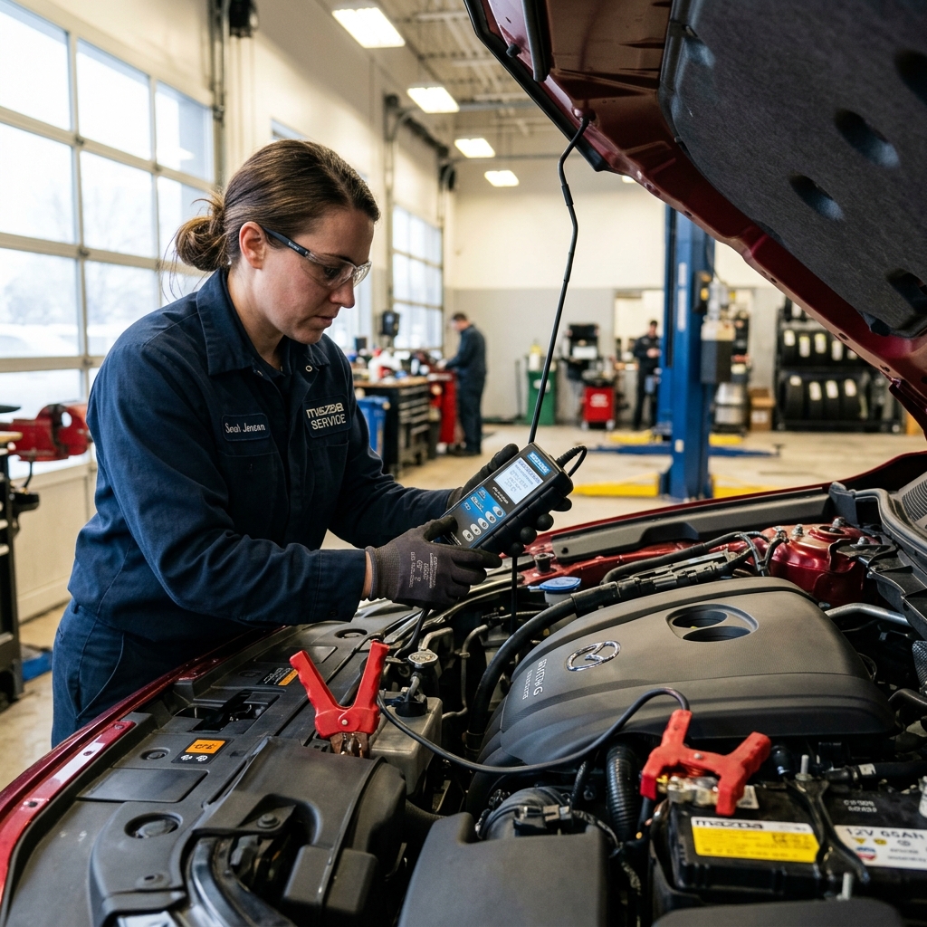 Female technician using a handheld diagnostic tool to test a car battery under an open hood in a service shop. (Representative image for illustration purposes only. Actual vehicle may vary based on trim and configuration.)