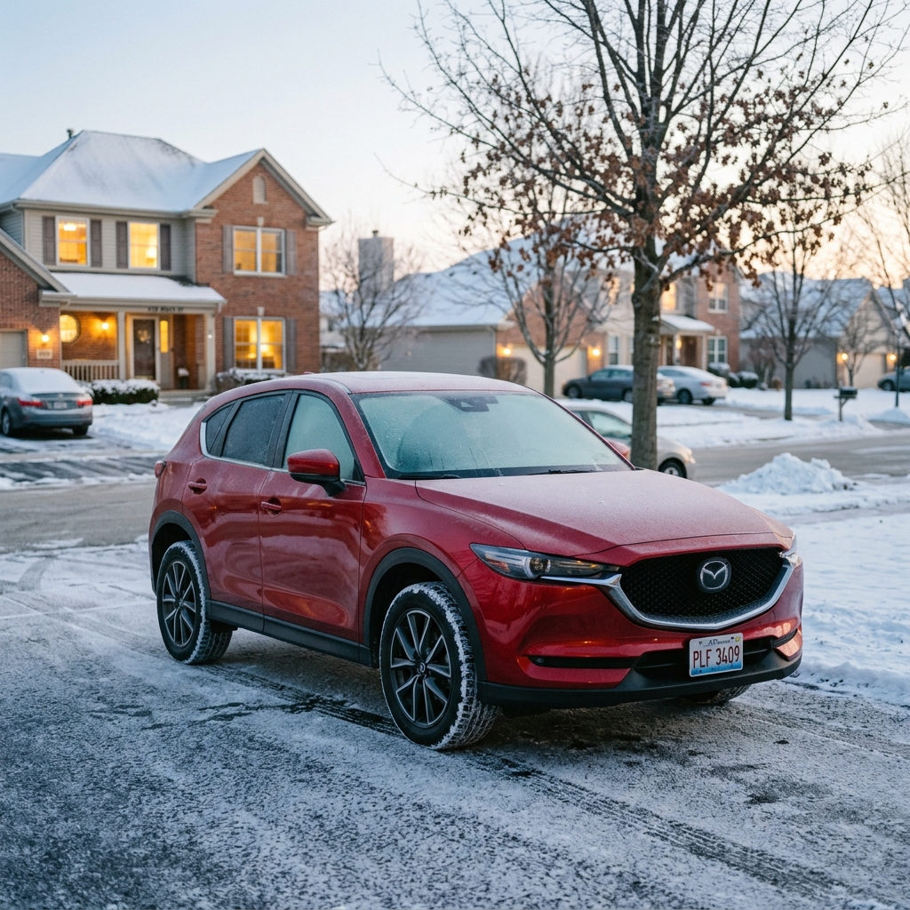 Red Mazda CX-5 SUV parked on a light snow-covered driveway in a suburban neighborhood during winter. (Representative image for illustration purposes only. Actual vehicle may vary based on trim and configuration.)