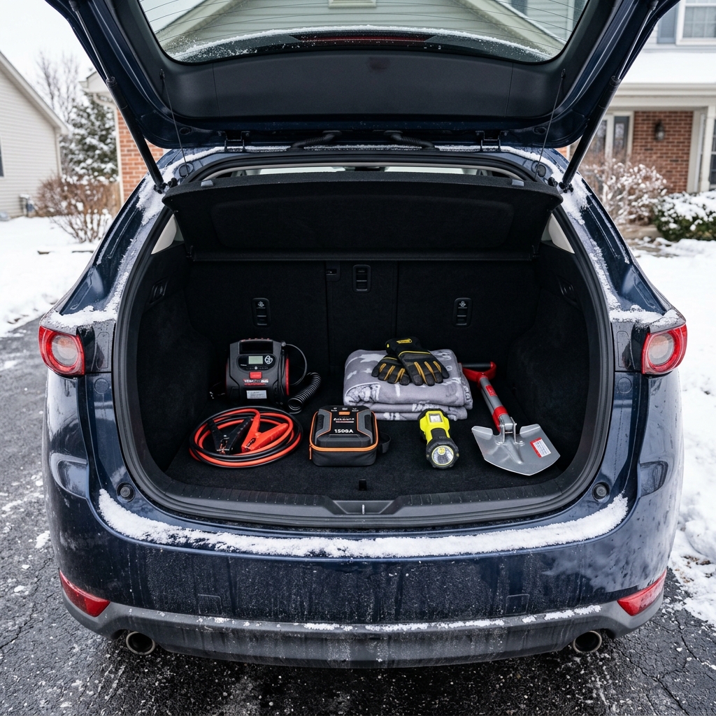 Open trunk of a dark blue SUV packed with winter emergency supplies including jumper cables, a shovel, and a blanket. (Representative image for illustration purposes only. Actual vehicle may vary based on trim and configuration.)