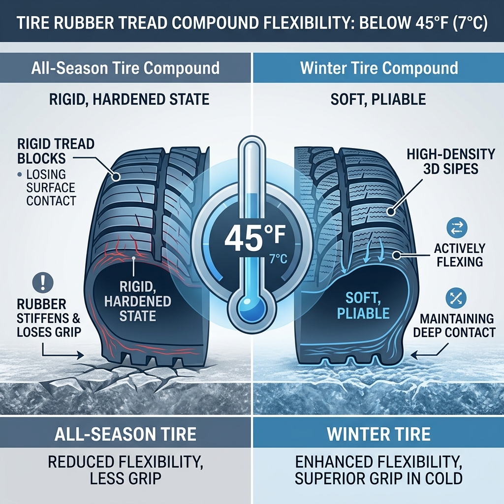 Diagram comparing all-season and winter tire flexibility and grip on cold roads below 45 degrees Fahrenheit. (Representative image for illustration purposes only. Actual vehicle may vary based on trim and configuration.)