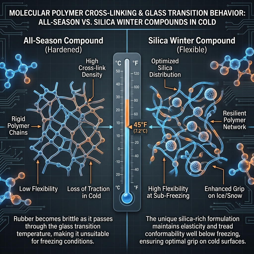 Diagram comparing molecular polymer cross-linking in all-season and silica winter tire compounds in cold weather. (Representative image for illustration purposes only. Actual vehicle may vary based on trim and configuration.)