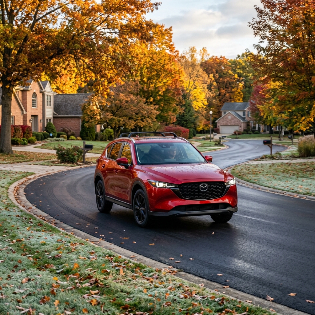 Red Mazda CX-5 SUV driving along a winding suburban road lined with vibrant autumn trees and brick homes. (Representative image for illustration purposes only. Actual vehicle may vary based on trim and configuration.)
