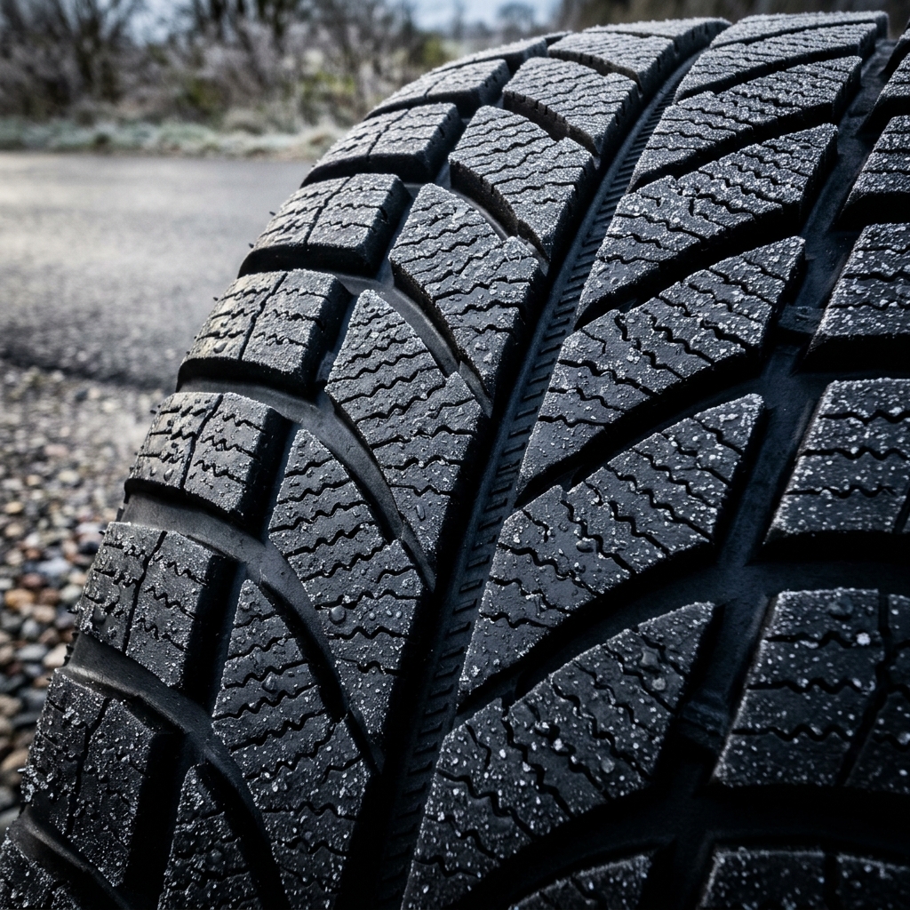 Close-up view of a black winter car tire tread covered in frost droplets on a cold road. (Representative image for illustration purposes only. Actual vehicle may vary based on trim and configuration.)