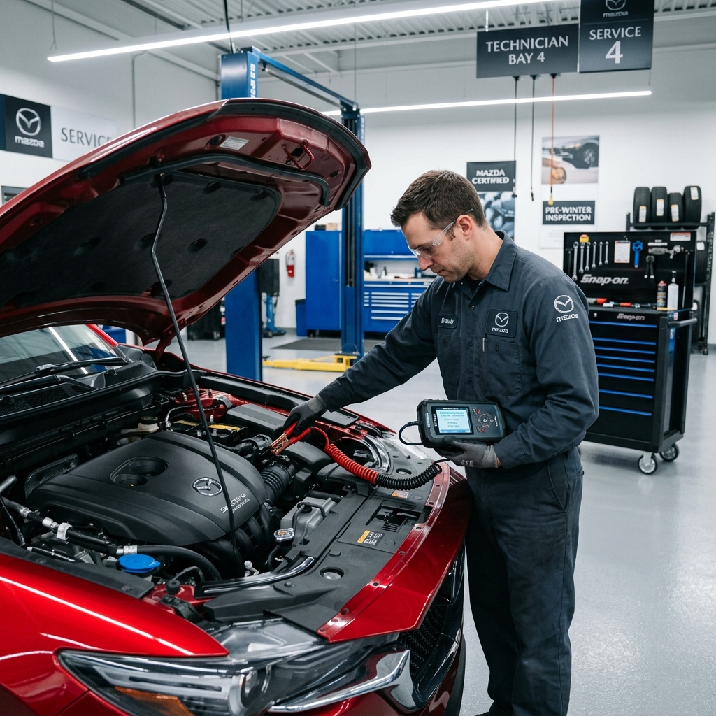 A Mazda service technician using a handheld diagnostic tool under the hood of a red car in a service bay. (Representative image for illustration purposes only. Actual vehicle may vary based on trim and configuration.)