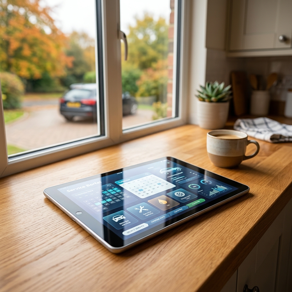 Tablet displaying a vehicle service app next to a cup of coffee on a wooden kitchen counter by a window. (Representative image for illustration purposes only. Actual vehicle may vary based on trim and configuration.)