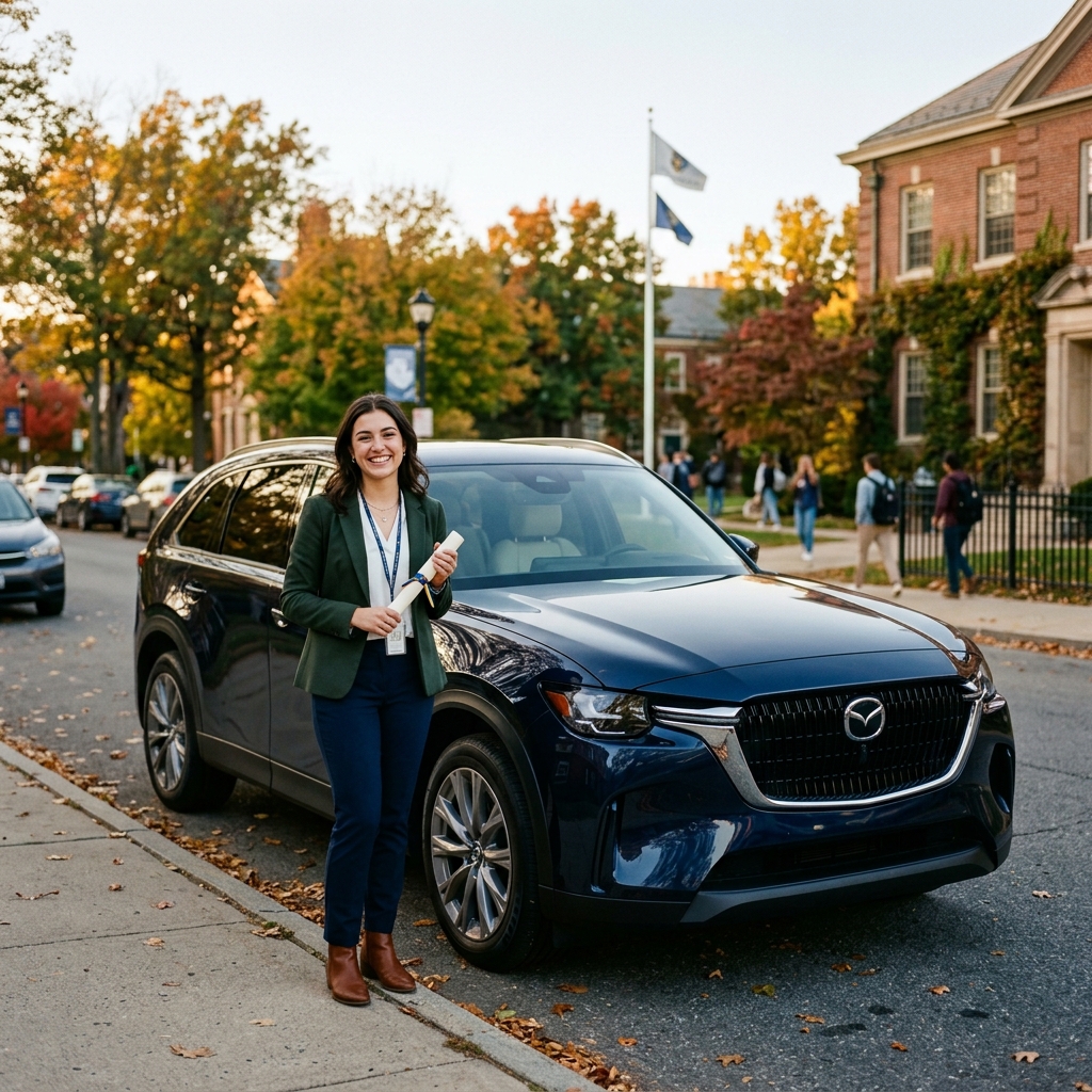 Smiling young woman holding a diploma standing next to a dark blue Mazda SUV on a campus street. (Representative image for illustration purposes only. Actual vehicle may vary based on trim and configuration.)