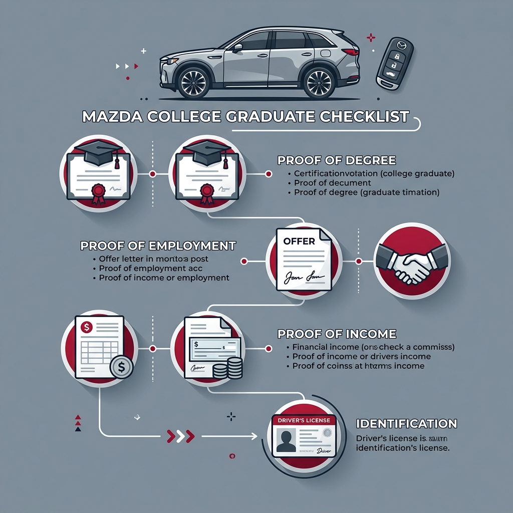 Infographic detailing the Mazda College Graduate Checklist, outlining requirements like proof of degree, employment, income, and ID. (Representative image for illustration purposes only. Actual vehicle may vary based on trim and configuration.)