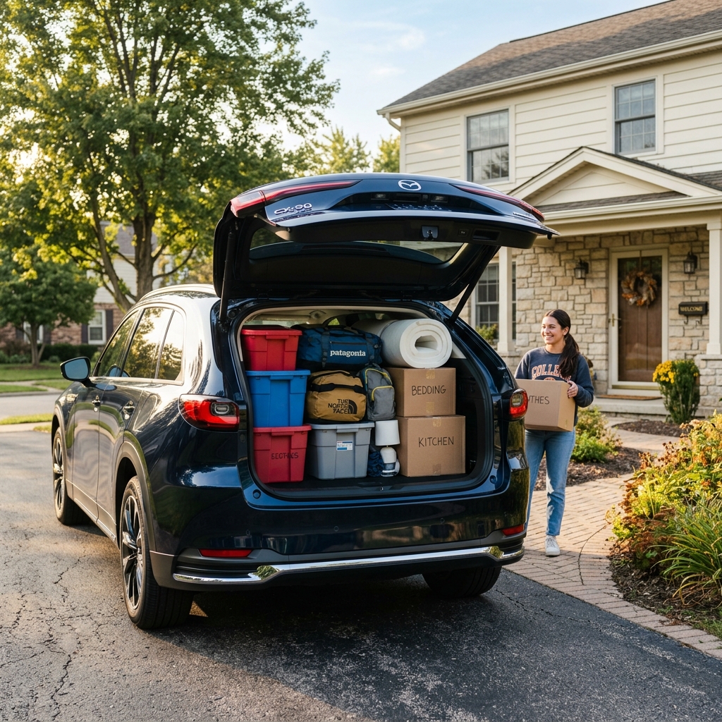 A woman holding a cardboard box stands by a dark blue Mazda SUV packed with moving boxes, luggage, and storage bins. (Representative image for illustration purposes only. Actual vehicle may vary based on trim and configuration.)