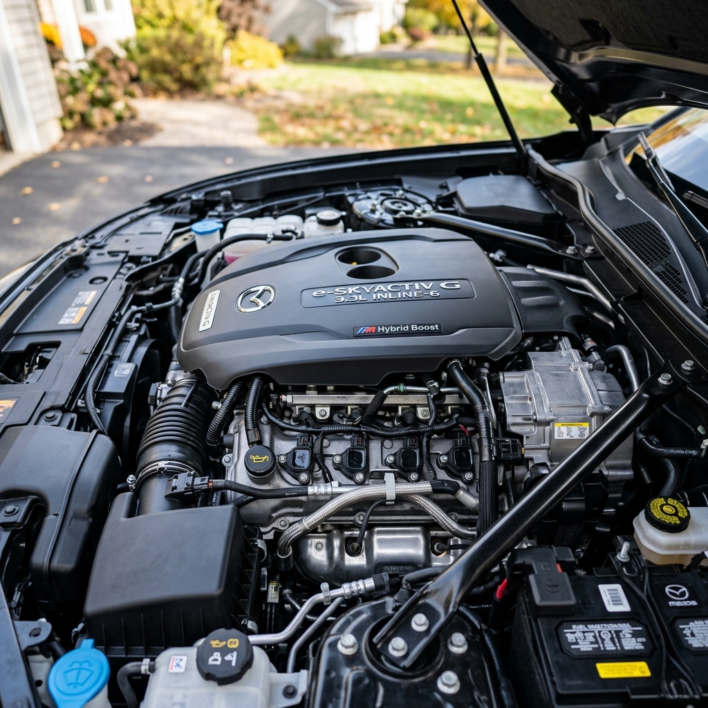 Engine bay of a vehicle showing a Mazda e-Skyactiv G 3.3L inline-6 engine cover under an open hood. (Representative image for illustration purposes only. Actual vehicle may vary based on trim and configuration.)