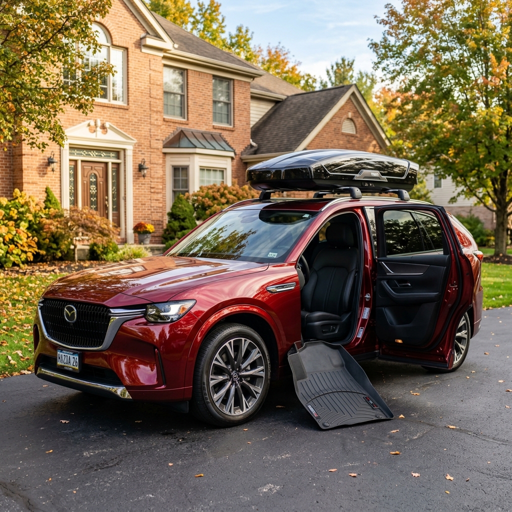 Red Mazda SUV parked in a driveway featuring a black roof cargo box and a rubber floor mat on the ground. (Representative image for illustration purposes only. Actual vehicle may vary based on trim and configuration.)