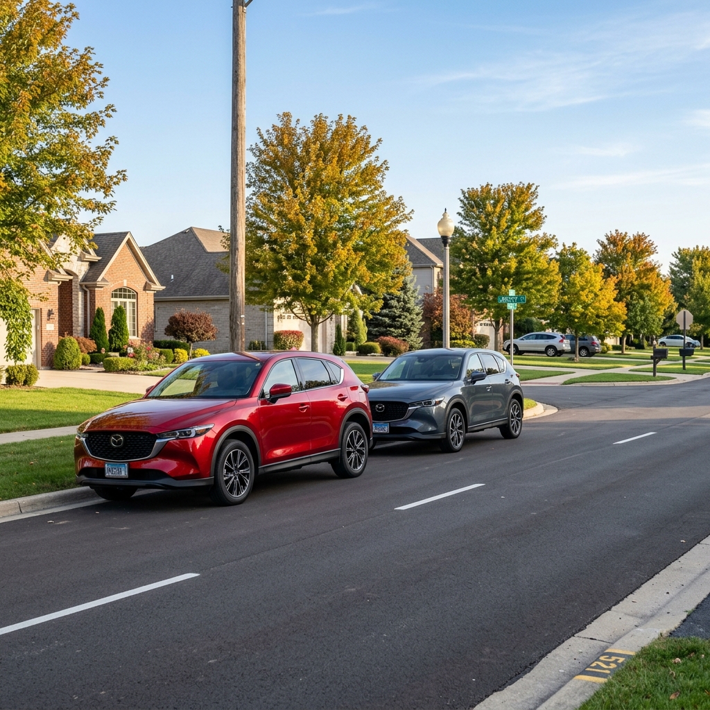 Red and gray Mazda CX-5 SUVs parked along a suburban street curb under a clear sky. (Representative image for illustration purposes only. Actual vehicle may vary based on trim and configuration.)