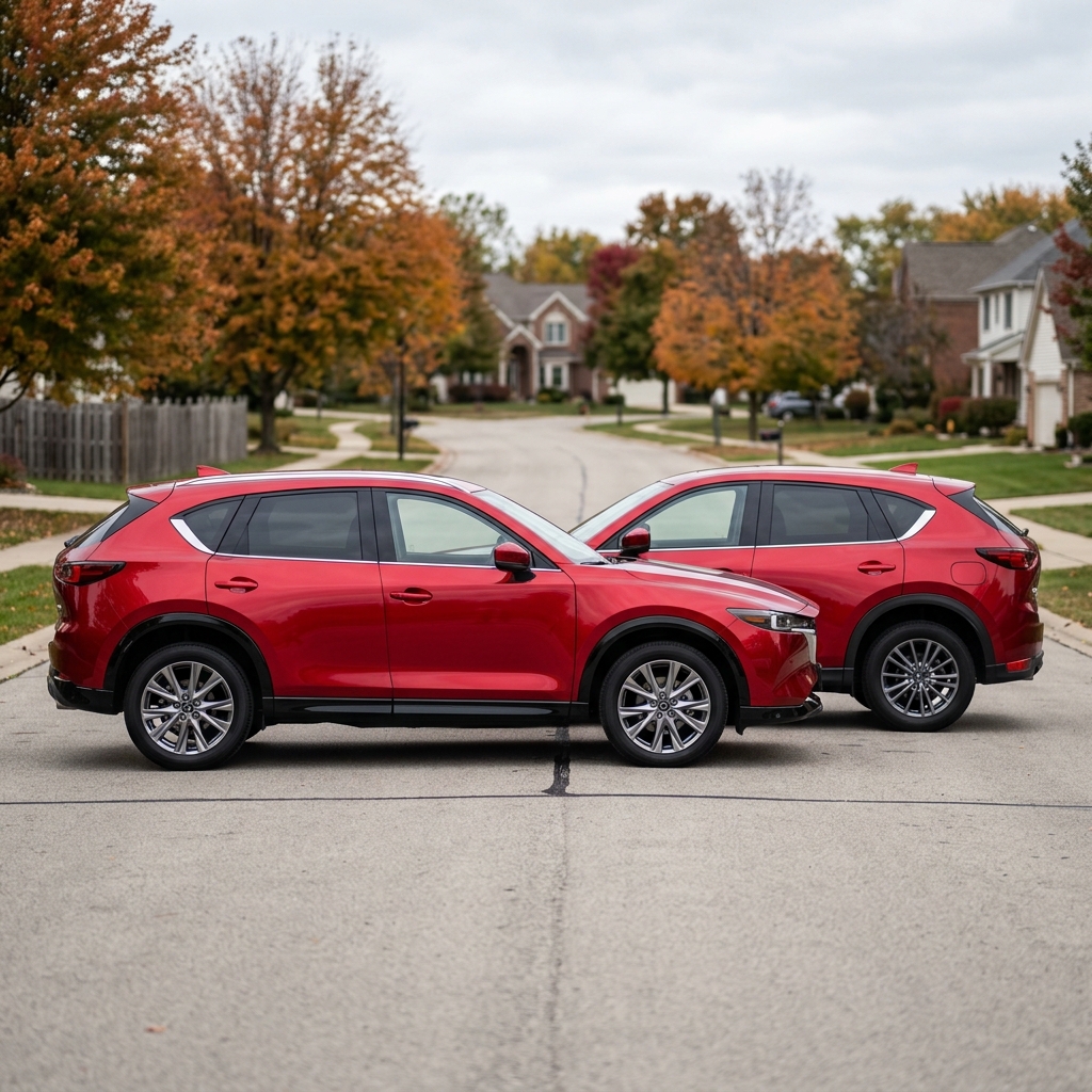 Two red Mazda CX-5 crossover SUVs parked closely together on a suburban residential street in autumn. (Representative image for illustration purposes only. Actual vehicle may vary based on trim and configuration.)
